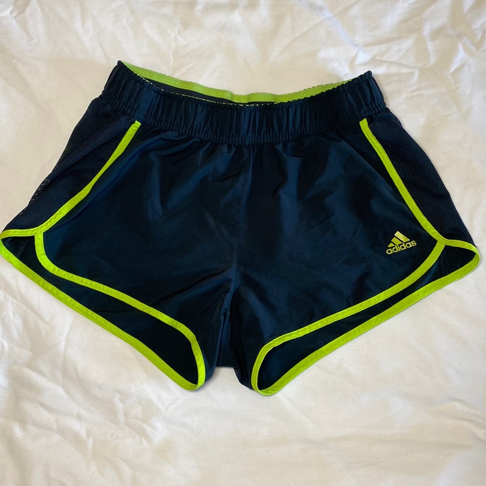 Adidas women’s running shorts size small navy and lime green